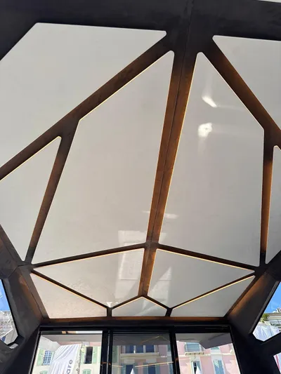  Yacht Photos Pics Ceiling design of 2025 Evo Yachts R6+ with geometric patterns.