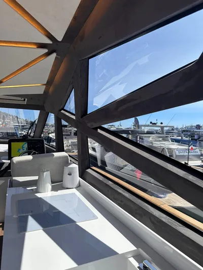  Yacht Photos Pics Interior view of 2025 Evo Yachts R6+, showcasing modern design and marina backdrop.