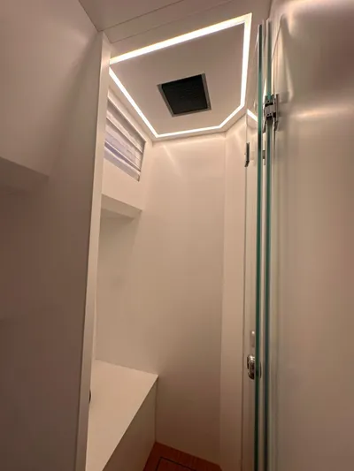  Yacht Photos Pics Modern interior of 2025 Evo Yachts R6+, featuring sleek design and ambient lighting.