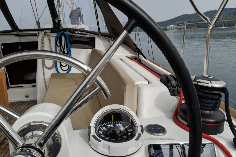  Yacht Photos Pics Cockpit view of 2018 Jeanneau Sun Odyssey 419 sailboat with steering wheel and navigation instruments.