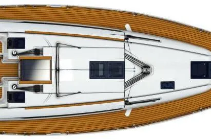  Yacht Photos Pics 2018 Jeanneau Sun Odyssey 419 sailboat, top view, showcasing deck layout and design.