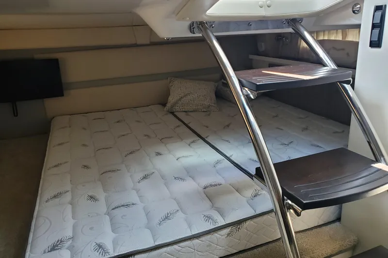 Loml Yacht Photos Pics 2020 Regal 33 Express cabin interior with bed, ladder, and TV.