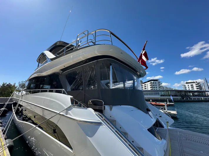  Yacht Photos Pics Luxury Princess Y80 yacht docked under clear blue sky, 2025 model.