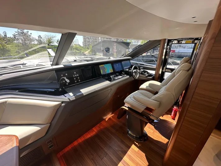  Yacht Photos Pics Luxurious 2025 Princess Y80 yacht cockpit with modern navigation systems and plush seating.
