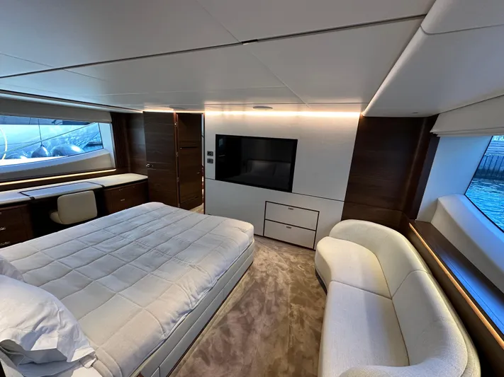 Yacht Photos Pics Luxurious interior of 2025 Princess Y80 yacht with elegant bedroom and modern amenities.