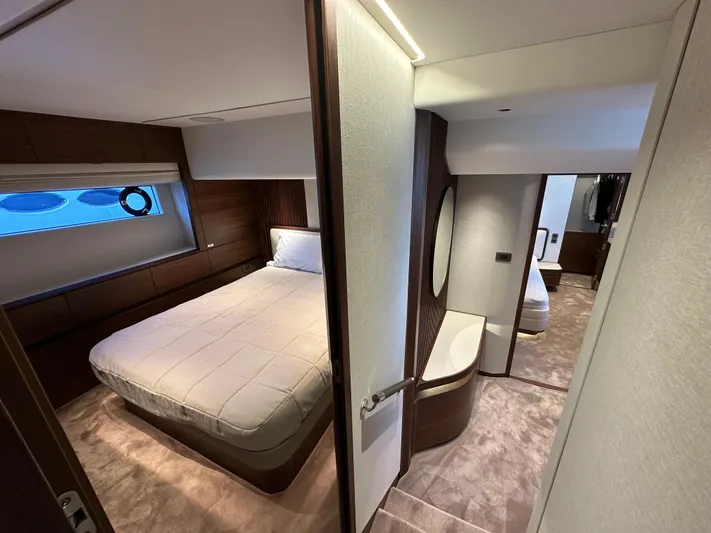 Yacht Photos Pics Luxurious bedroom interior of 2025 Princess Y80 yacht, featuring elegant design and modern amenities.