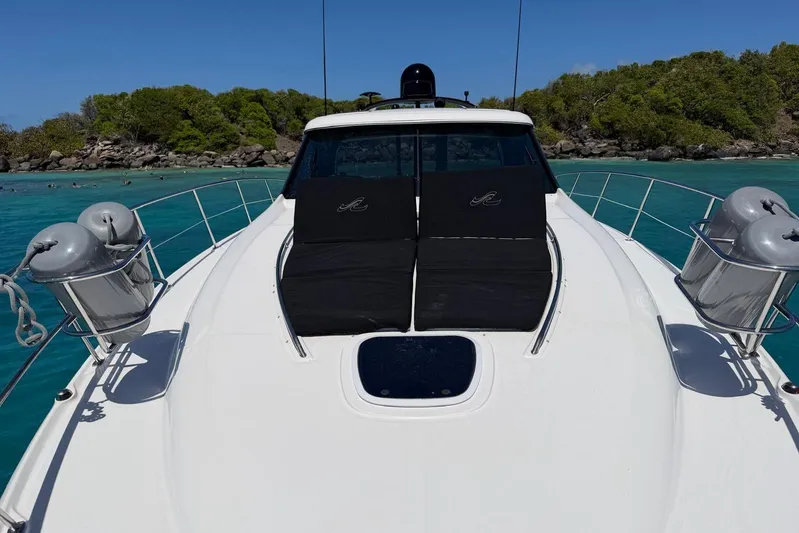  Yacht Photos Pics 2006 Sea Ray 480 Sundancer yacht on turquoise water near lush green island.