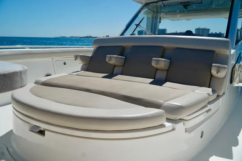  Yacht Photos Pics Luxurious seating on 2019 Boston Whaler 420 Outrage boat, ocean view in background.