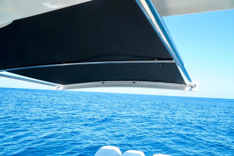  Yacht Photos Pics 2019 Boston Whaler 420 Outrage boat canopy over clear blue ocean.