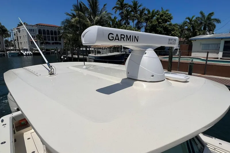  Yacht Photos Pics 2024 Scout 355 LXF boat with Garmin radar on the roof.