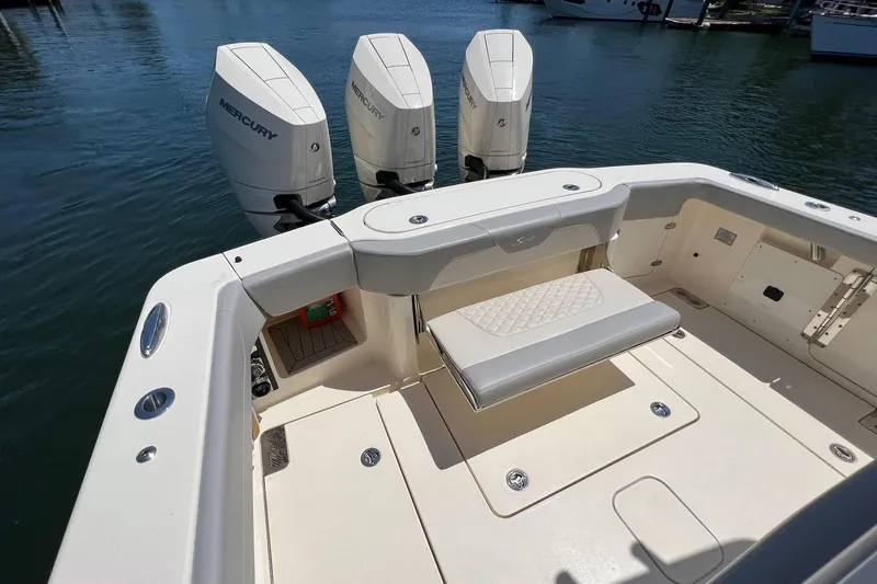  Yacht Photos Pics 2024 Scout 355 LXF boat with triple Mercury engines.