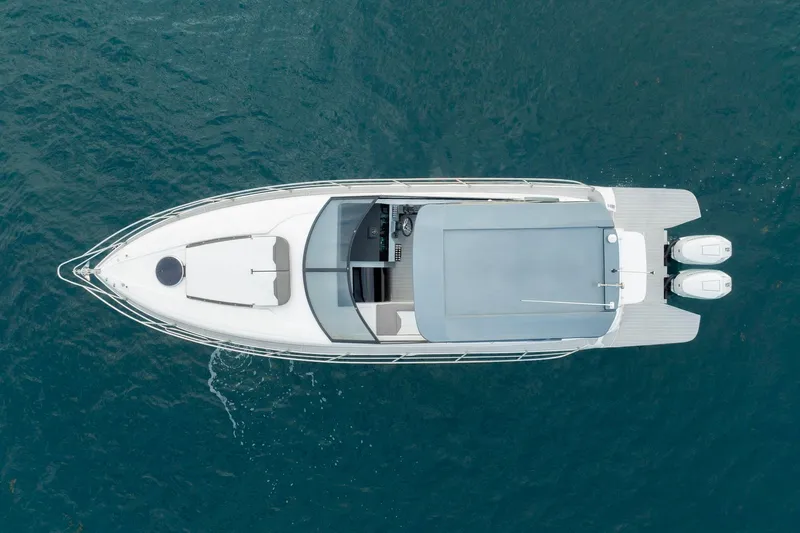  Yacht Photos Pics Aerial view of 2025 Valiatt 380GT luxury boat on blue water.