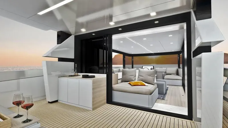 Miami Yacht Photos Pics Luxurious 2026 Ladenstein L48 MIAMI yacht interior with modern seating and sunset view.