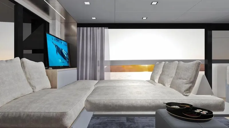 Miami Yacht Photos Pics Luxurious interior of 2026 Ladenstein L48 MIAMI yacht with plush seating and modern decor.