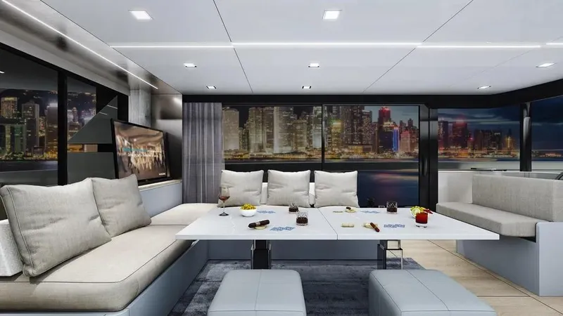 Miami Yacht Photos Pics Luxurious interior of 2026 Ladenstein L48 MIAMI yacht with city skyline view.