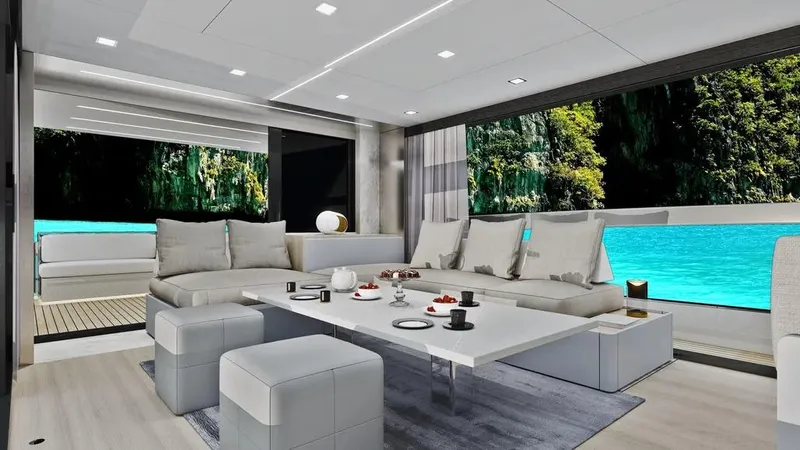 Miami Yacht Photos Pics Luxurious interior of 2026 Ladenstein L48 MIAMI yacht with scenic ocean view.