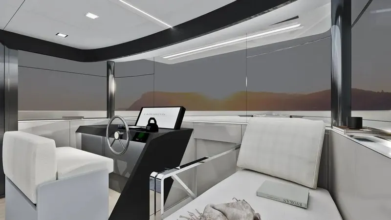 Miami Yacht Photos Pics Modern interior of 2026 Ladenstein L48 MIAMI yacht with sleek design and sunset view.