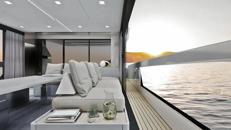Miami Yacht Photos Pics Luxurious interior of 2026 Ladenstein L48 MIAMI yacht with ocean view at sunset.