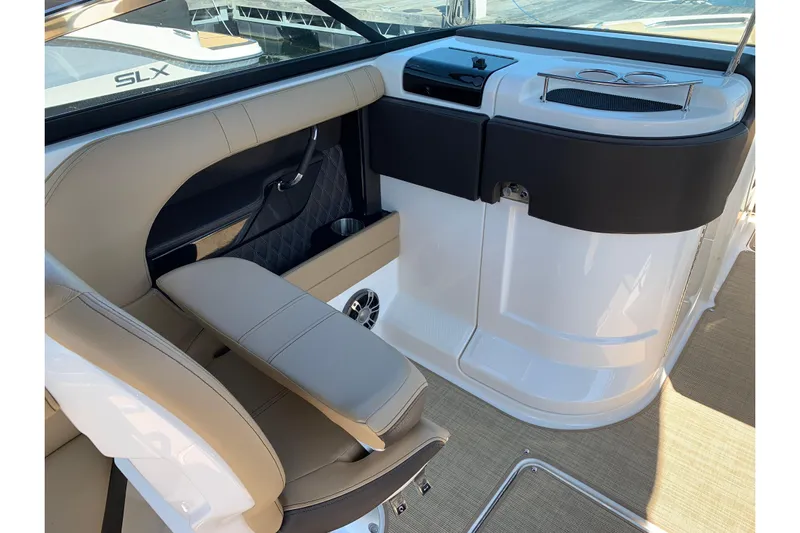  Yacht Photos Pics 2023 Sea Ray SLX 280 interior with beige seating and sleek design.