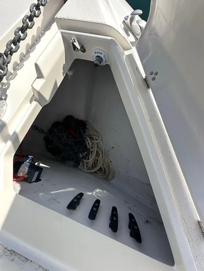 Phantom 42 Yacht Photos Pics Anchor locker of 1998 Fairline Phantom 42 with ropes and accessories.