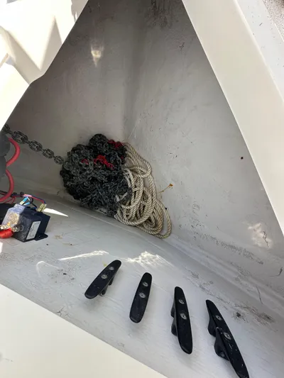 Phantom 42 Yacht Photos Pics Anchor storage area of 1998 Fairline Phantom 42 yacht with ropes and cleats.