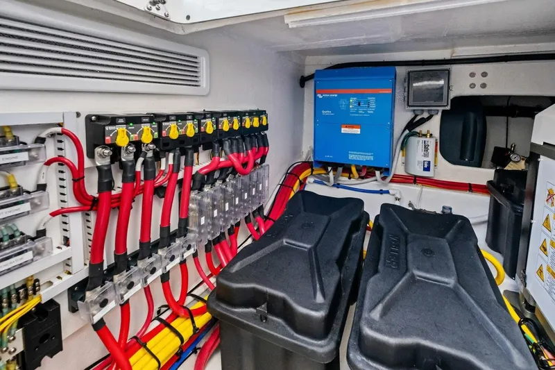  Yacht Photos Pics Electrical system of 2025 MJM 42 boat with wiring and components.