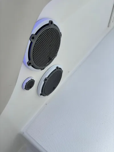 Demo Diamond Yacht Photos Pics Speakers on a 2017 Boston Whaler 420 Outrage boat, mounted on a white surface.
