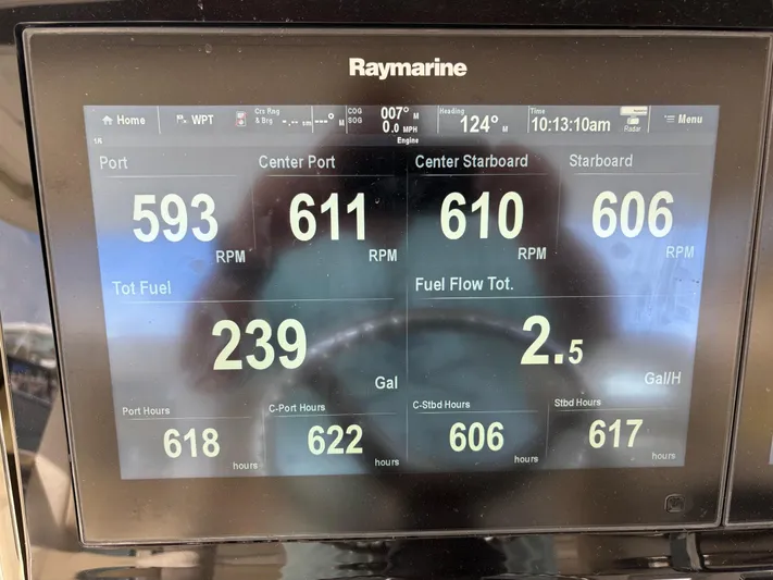Demo Diamond Yacht Photos Pics Raymarine display on 2017 Boston Whaler 420 Outrage showing RPM, fuel, and engine hours.