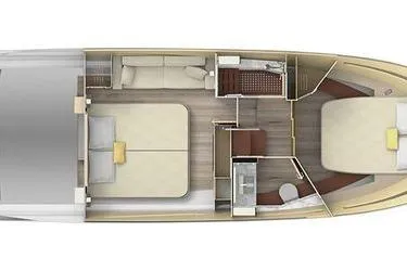 Yacht Photos Pics 2021 Regal 38 XO yacht interior layout with bedrooms, bathroom, and kitchen area.