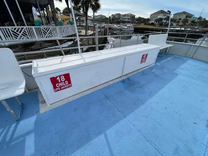 Super Voyager III Yacht Photos Pics 1972 Swiftships passenger boat deck with child life jacket storage, docked near waterfront homes.