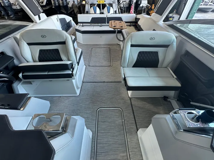  Yacht Photos Pics Interior of 2022 Cobalt R33 boat with luxurious seating and modern design.