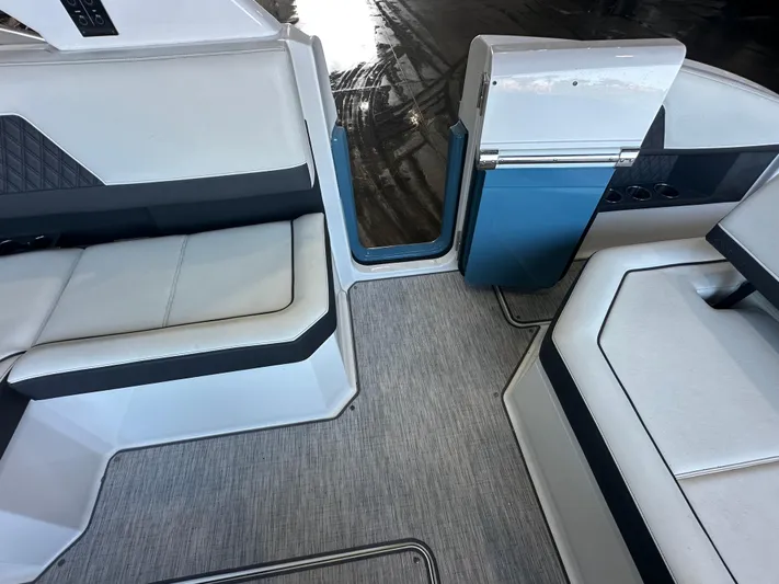  Yacht Photos Pics Interior of 2022 Cobalt R33 boat with modern seating and flooring.