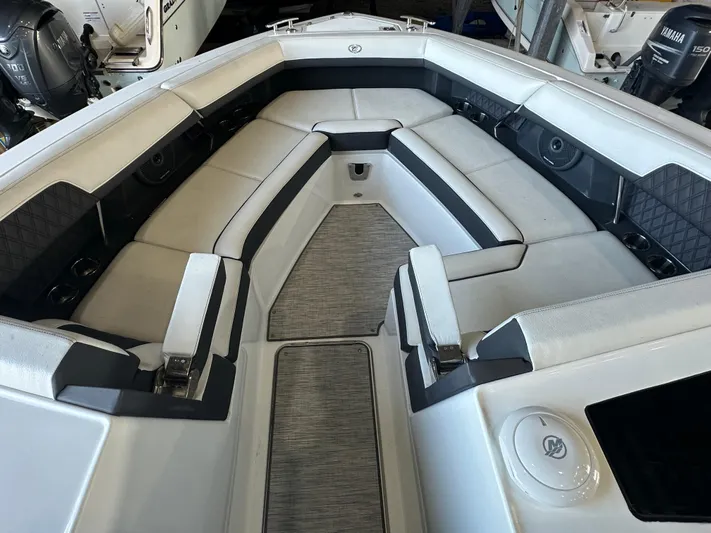  Yacht Photos Pics Luxurious interior of 2022 Cobalt R33 boat with plush seating.