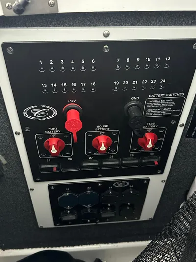  Yacht Photos Pics Control panel of a 2022 Cobalt R33 boat with battery switches and circuit breakers.