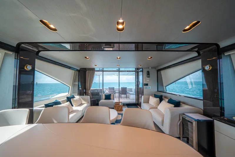 April Fools Yacht Photos Pics Luxurious interior of 2018 Azimut 80 Flybridge yacht with ocean view.