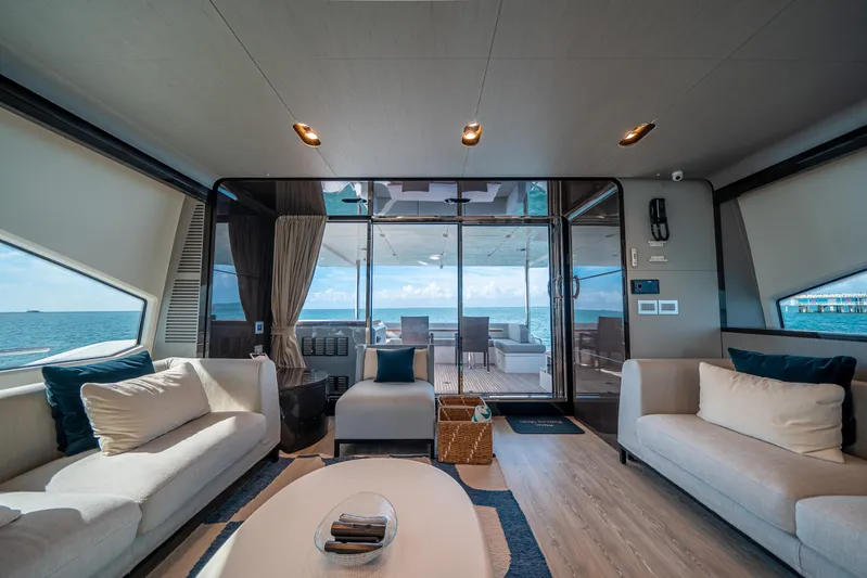 April Fools Yacht Photos Pics Luxurious interior of 2018 Azimut 80 Flybridge yacht with ocean view.