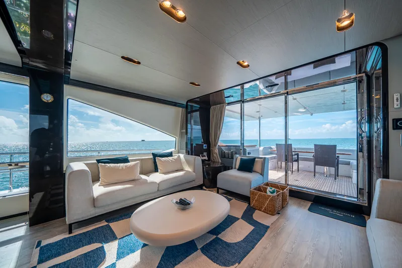 April Fools Yacht Photos Pics Luxurious interior of 2018 Azimut 80 Flybridge yacht with ocean view and modern furnishings.