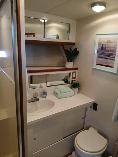  Yacht Photos Pics Bathroom interior of 1986 Bertram 46 Flybridge Motor Yacht, featuring sink, mirror, and decor.