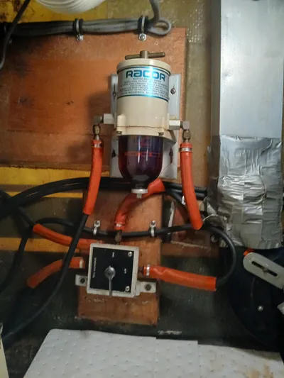 Yacht Photos Pics Racor fuel filter system in 1986 Bertram 46 Flybridge Motor Yacht engine room.