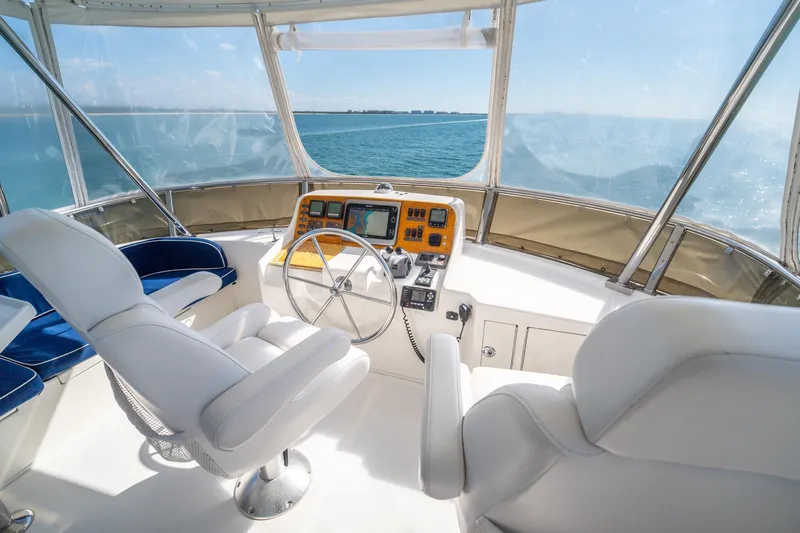 Port-folio Yacht Photos Pics Helm of 2007 Ocean Alexander 52 Sedan yacht with ocean view.