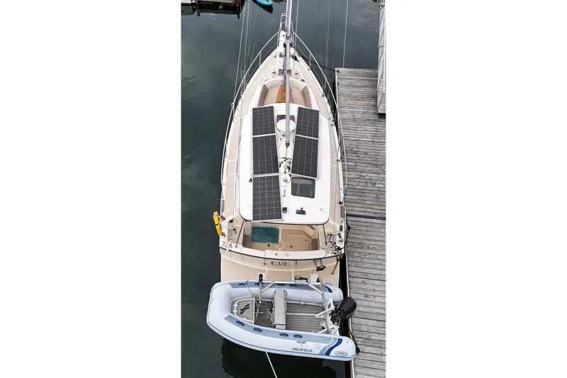  Yacht Photos Pics Overhead view of 2008 Island Packet SP Cruiser with solar panels and attached dinghy.