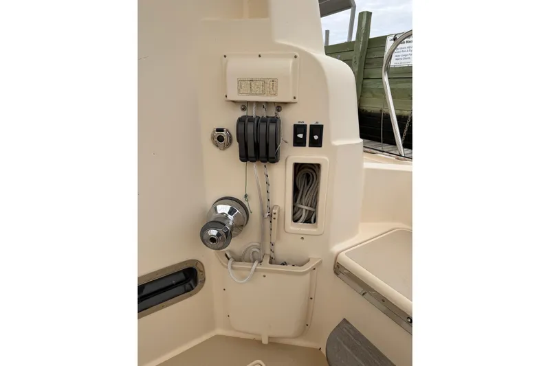  Yacht Photos Pics 2008 Island Packet SP Cruiser cockpit controls and storage area.