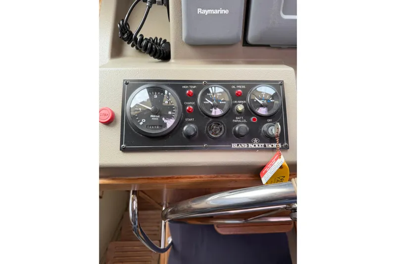  Yacht Photos Pics Control panel of 2008 Island Packet SP Cruiser yacht with gauges and steering wheel.