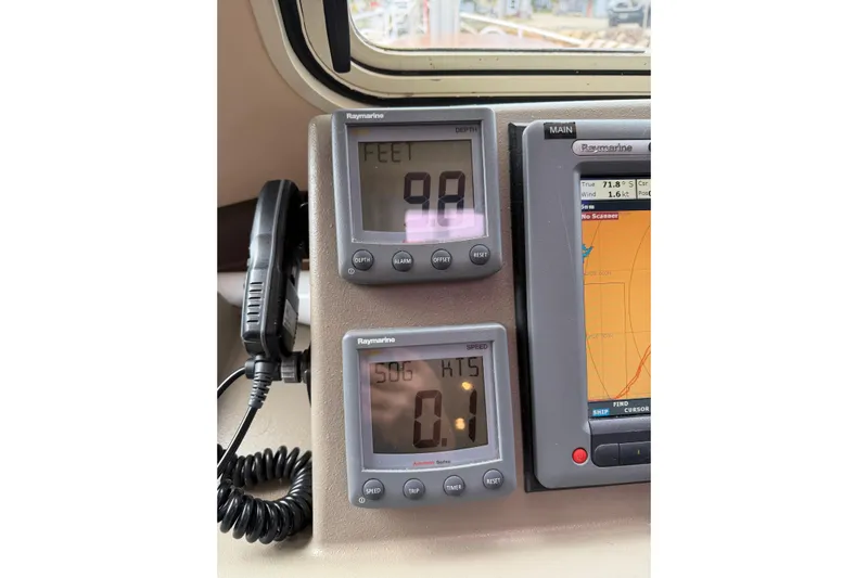  Yacht Photos Pics 2008 Island Packet SP Cruiser navigation instruments displaying depth and speed readings.