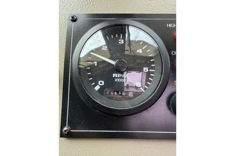  Yacht Photos Pics Close-up of 2008 Island Packet SP Cruiser RPM gauge displaying engine revolutions.