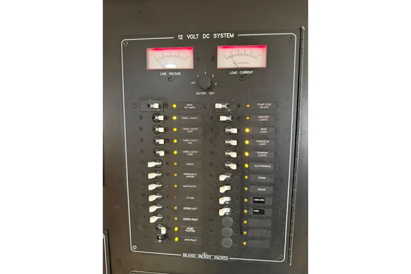  Yacht Photos Pics 2008 Island Packet SP Cruiser 12V DC system panel with switches and meters.