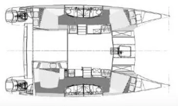 Red Yacht Photos Pics Floor plan of a 2008 Fountaine Pajot Orana 44 catamaran, showcasing interior layout.