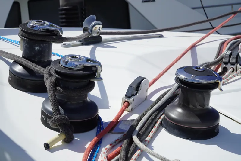 Red Yacht Photos Pics Winches and ropes on 2008 Fountaine Pajot Orana 44 catamaran deck.