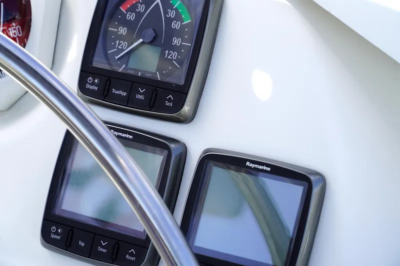 Red Yacht Photos Pics Control panel of 2008 Fountaine Pajot Orana 44 catamaran with navigation instruments.