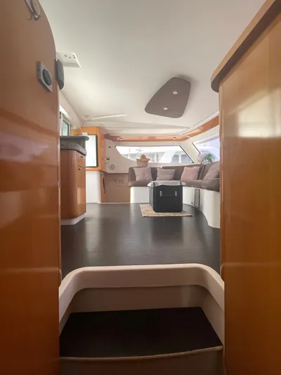 Red Yacht Photos Pics Interior of 2008 Fountaine Pajot Orana 44 catamaran, featuring spacious seating and modern design.